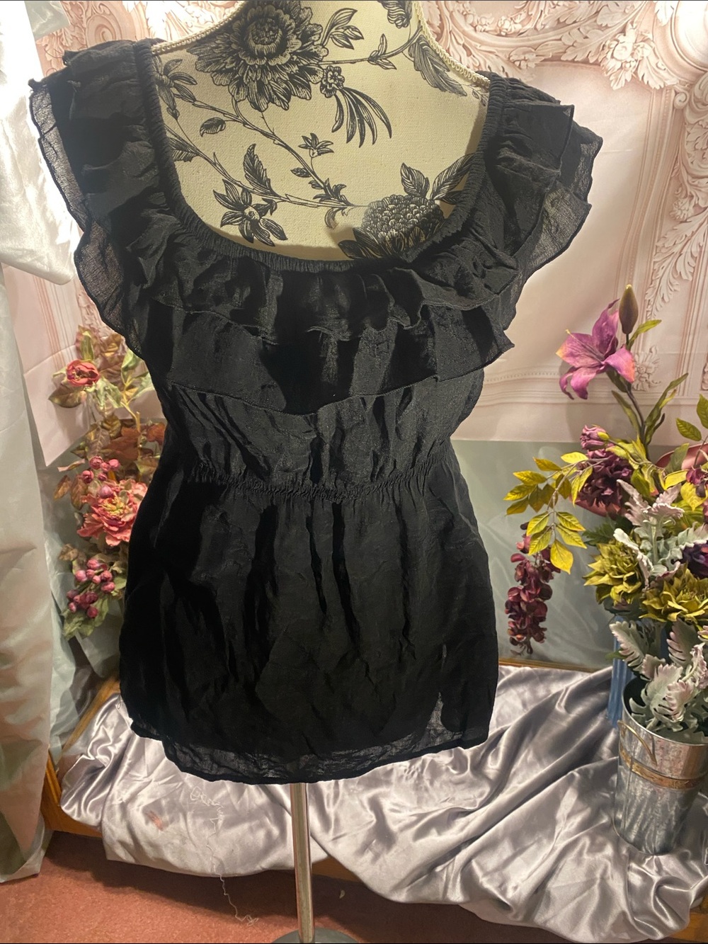 Black Ruffled Scoop-Neck Women's Blouse